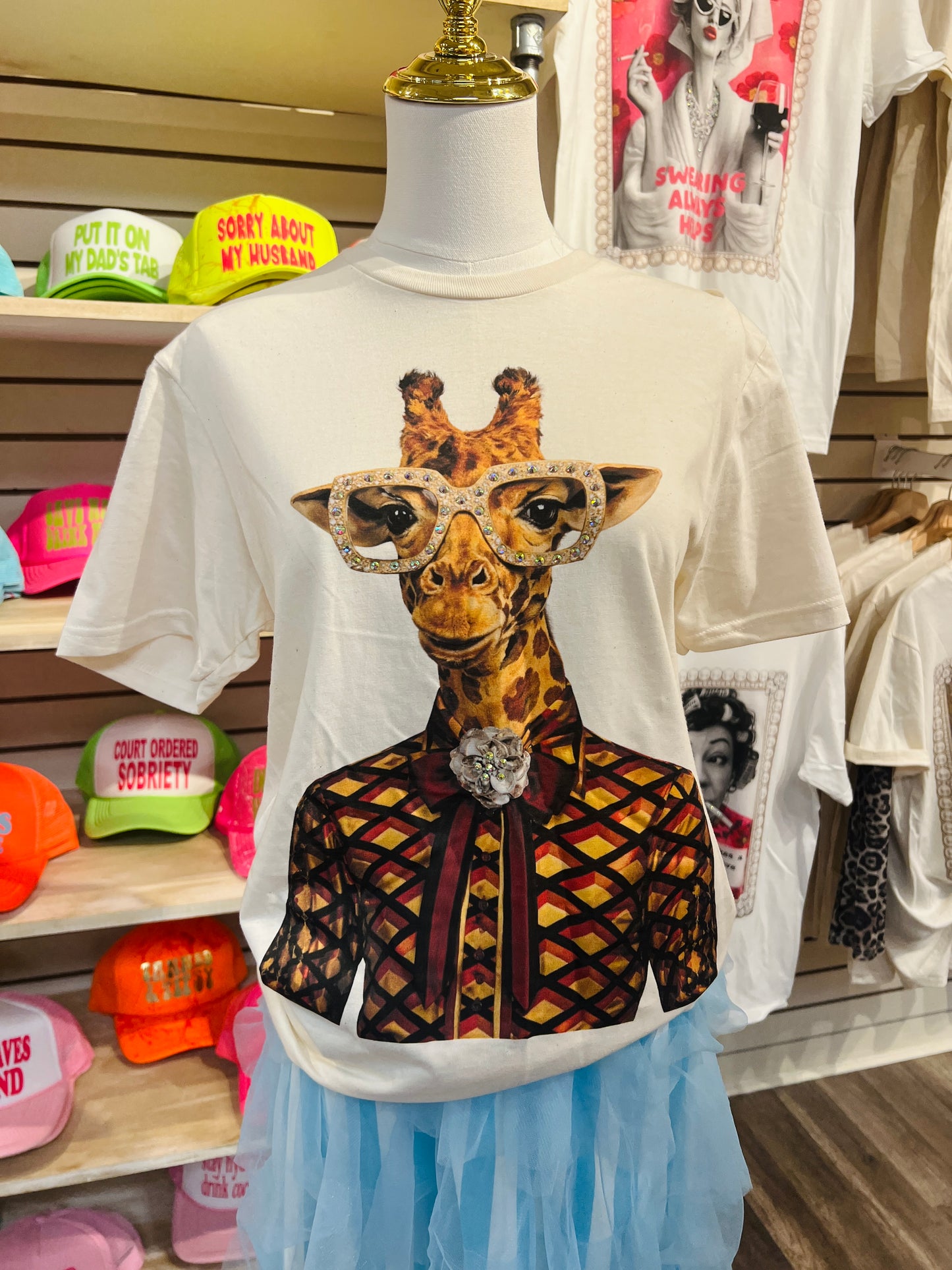 Fancy Giraffe Crystal Cream Graphic Tee