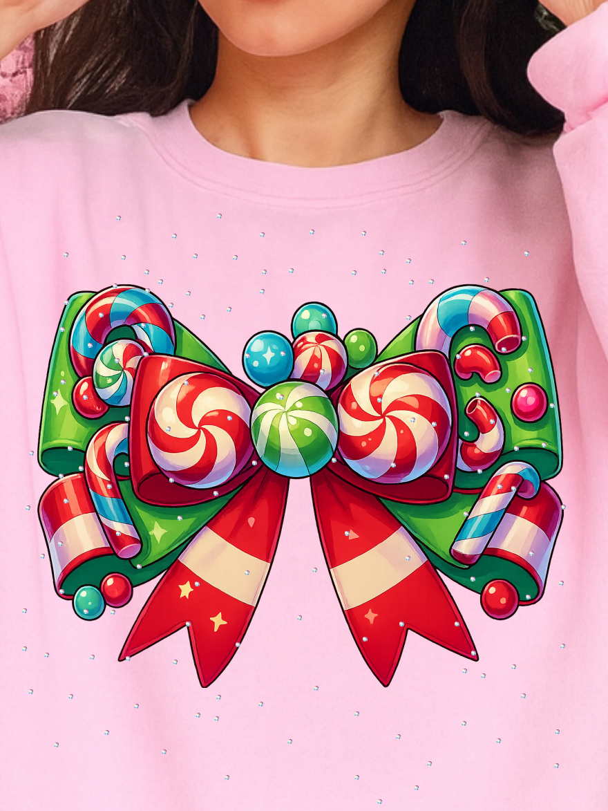 Candy Cane Bow Crystal Crewneck