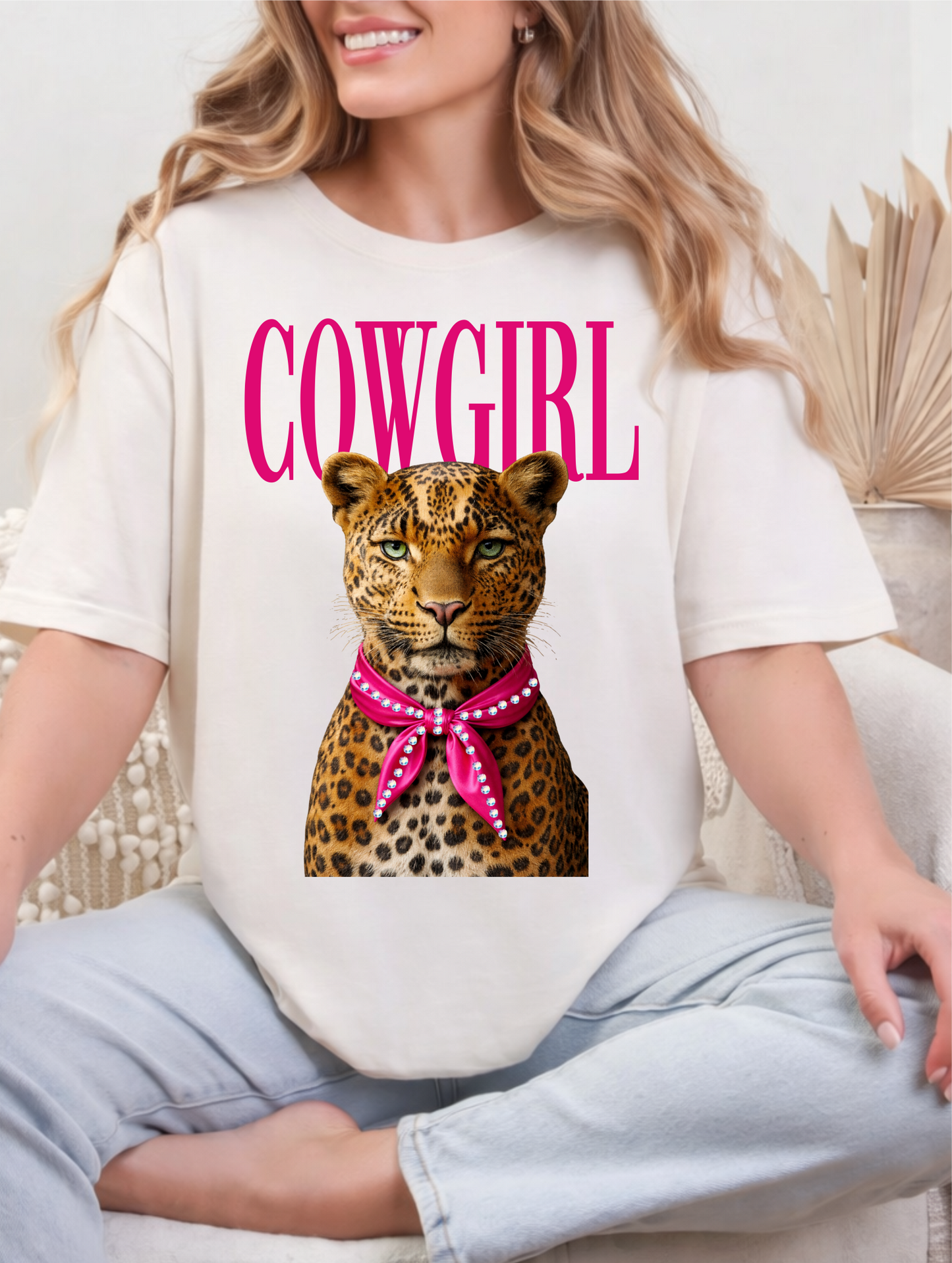 Cowgirl Leopard Crystal Cream Graphic Tee