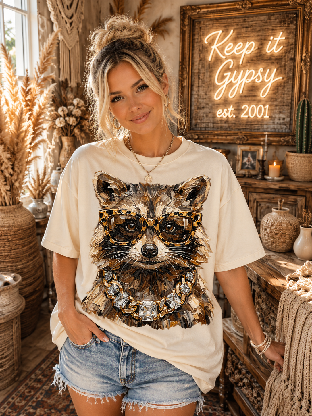 Painted Raccoon Cream Graphic Tee 2046