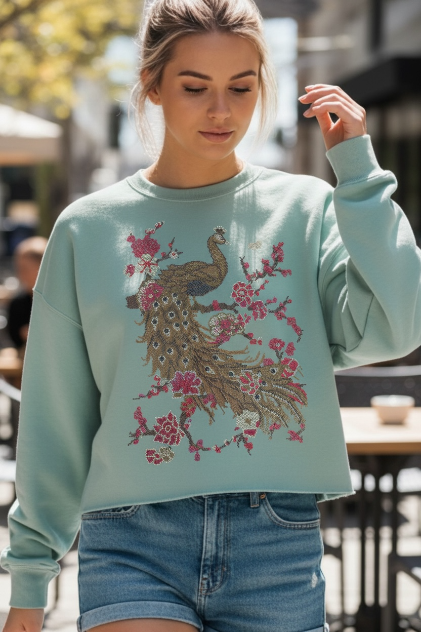 Rhinestone Dusty Blue Peacock Crewneck
