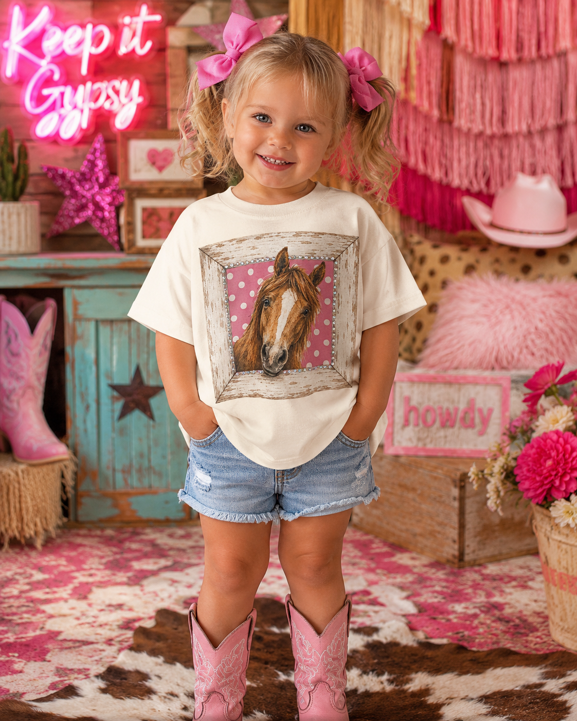 Horse Polka Dot Frame Cream Kids Graphic Tee 192K