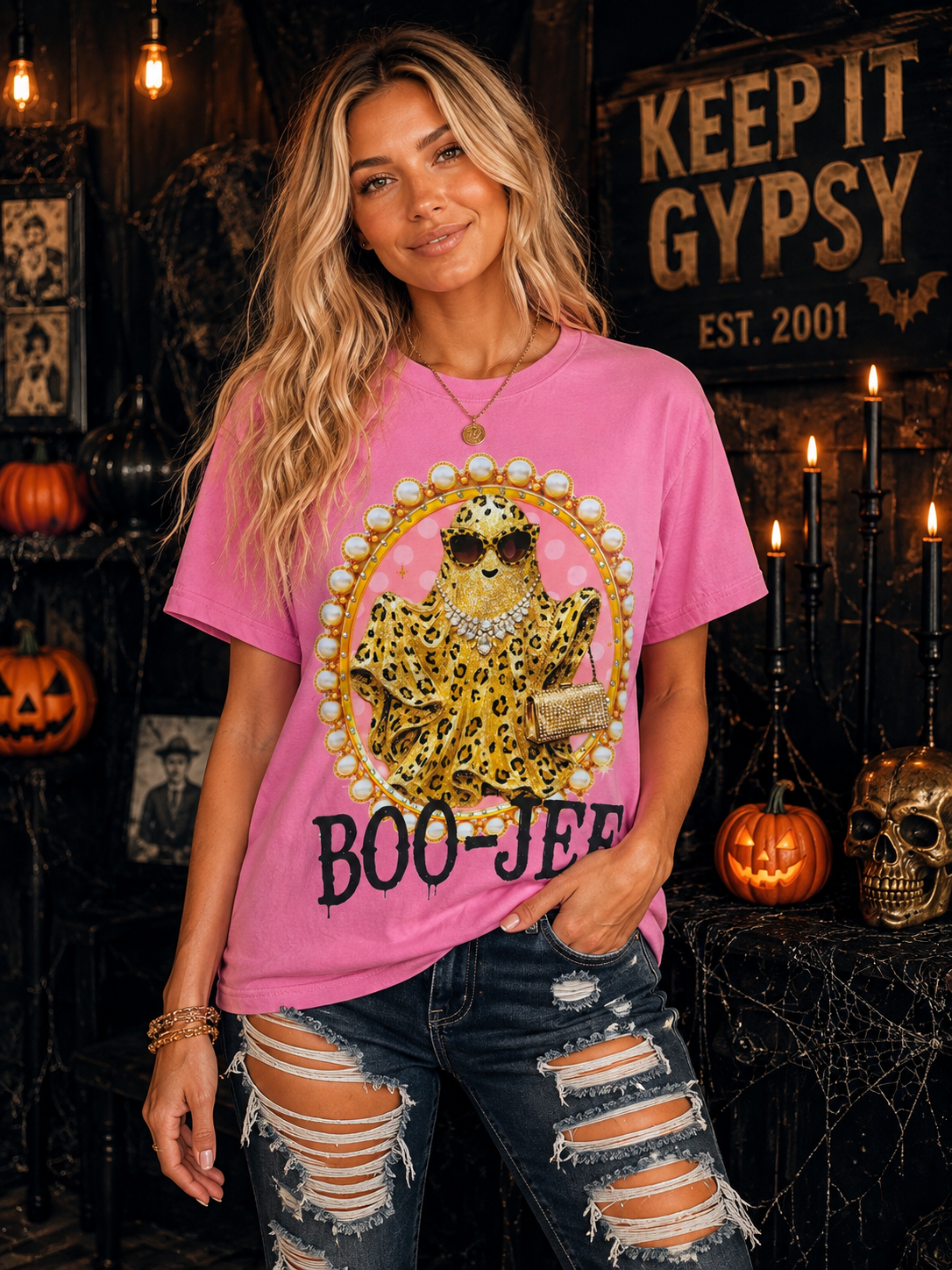 Boo Jee Leopard Ghost Pink Graphic Tee
