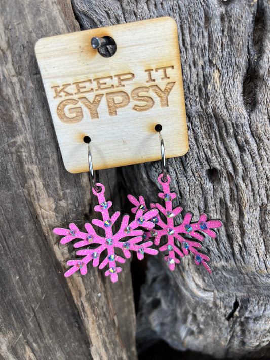 Christmas Snowflake Neon Pink Glitter Earrings