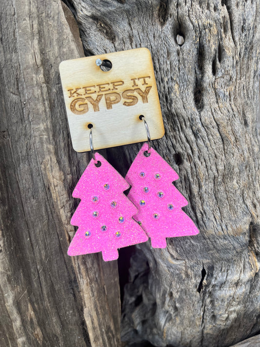 Christmas Neon Pink Glitter Tree Earring