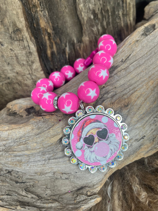 Christmas Stretch Bracelet Santa Blowing Bubble Pink Star