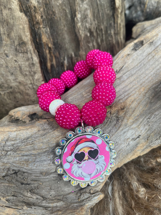 Christmas Stretch Bracelet Santa Blowing Bubble Hot Pink