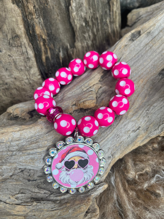Christmas Stretch Bracelet Santa Blowing Bubble Hot Pink Polka Dot