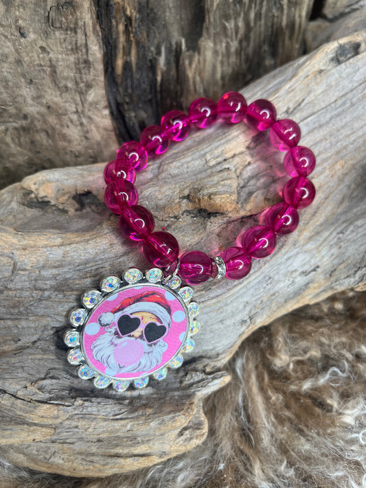 Christmas Stretch Bracelet Santa Blowing Bubble Hot Pink Clear