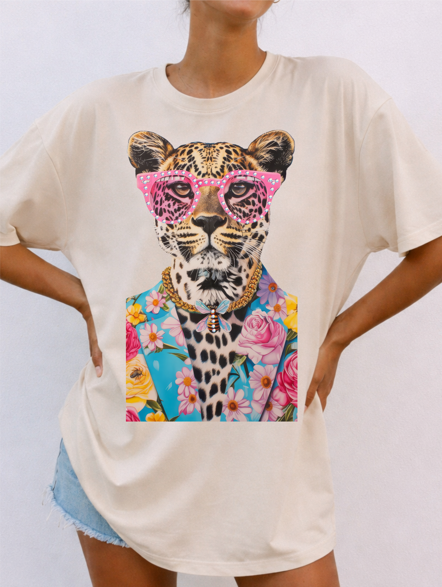 Leopard in Bee Suit Cream Graphic Tee