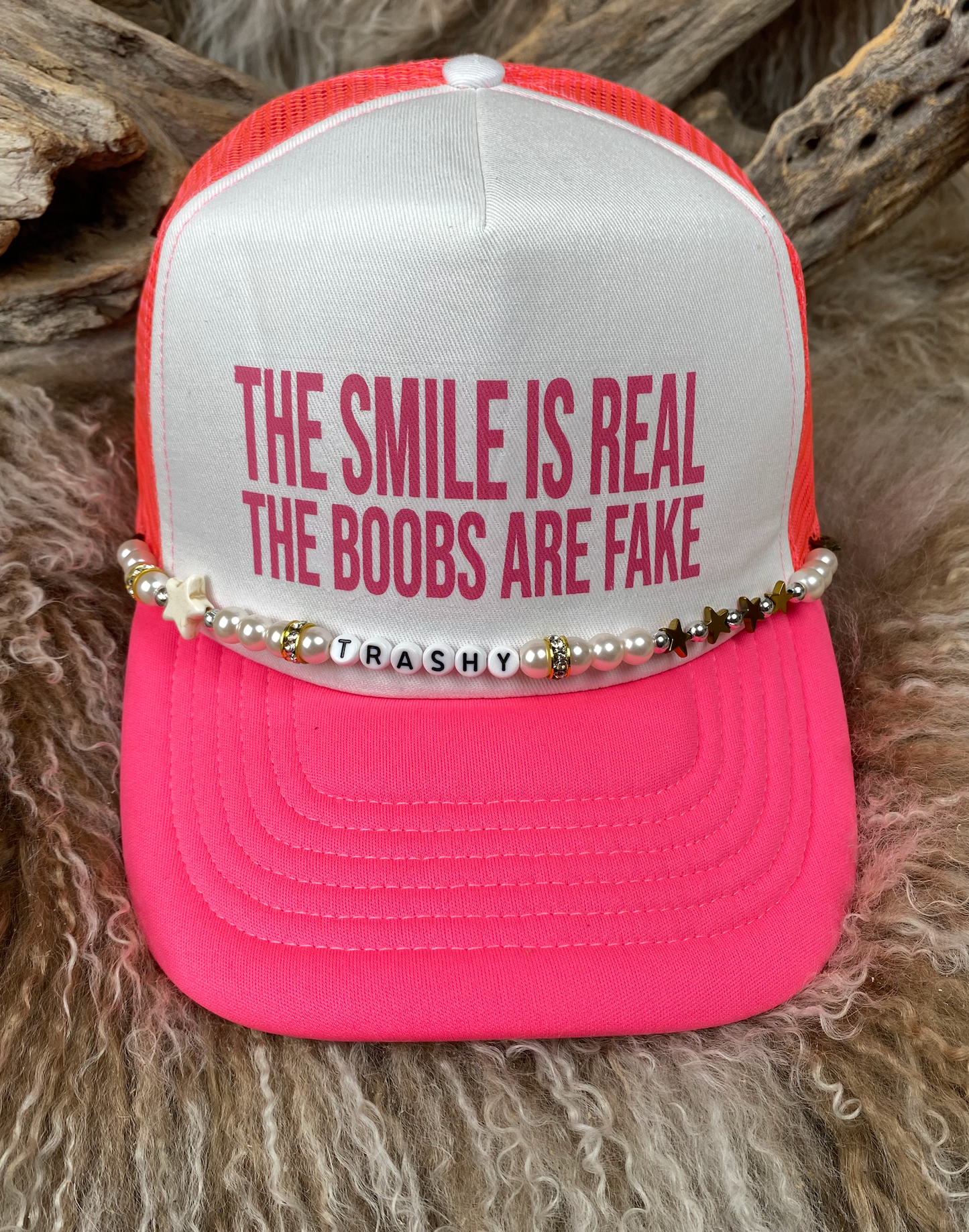 Trucker Ballcap with Beads 11NEONPNKWHT TheSmile is Real the Boobs are Fake