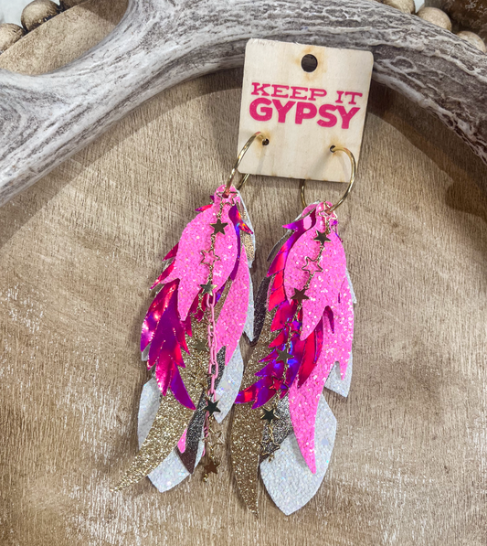 Pink & Gold Star Feather Earrings