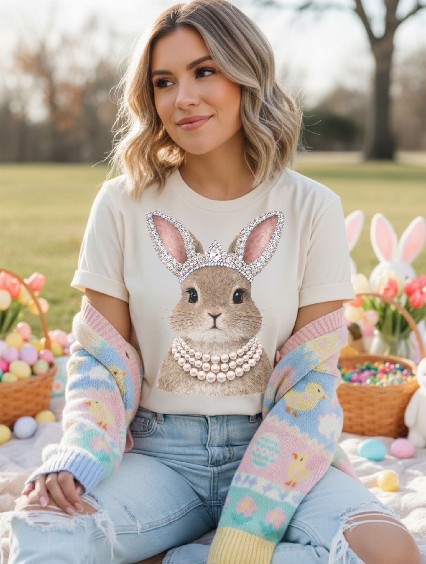 Rhinestone Bunny with Pearls Cream Graphic Tee