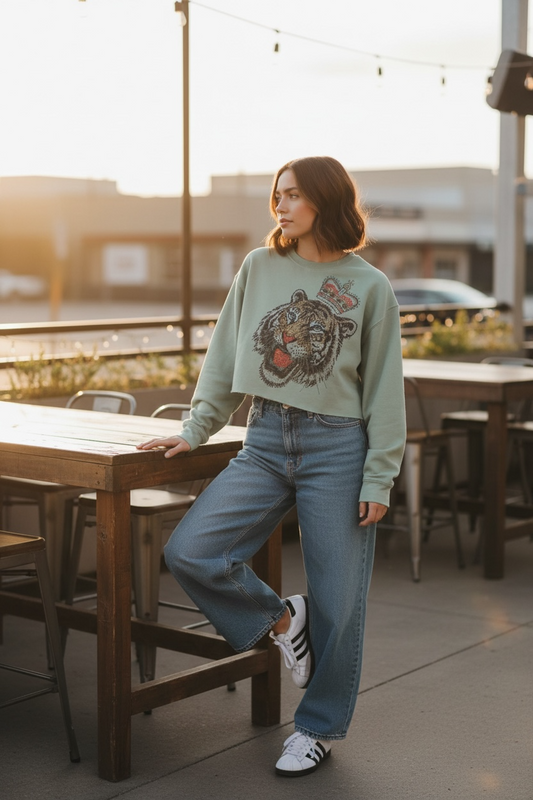 Tiger with Crown Sequin Ocean Blue Crop Crewneck