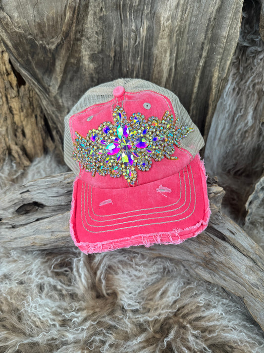 Trucker Cap with Crystals Coral AB