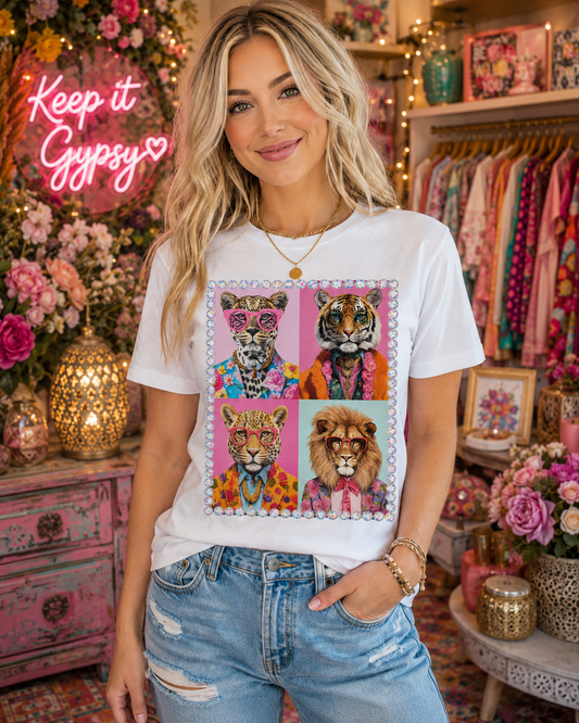 Trendy Animal Collage White Graphic Tee 2109
