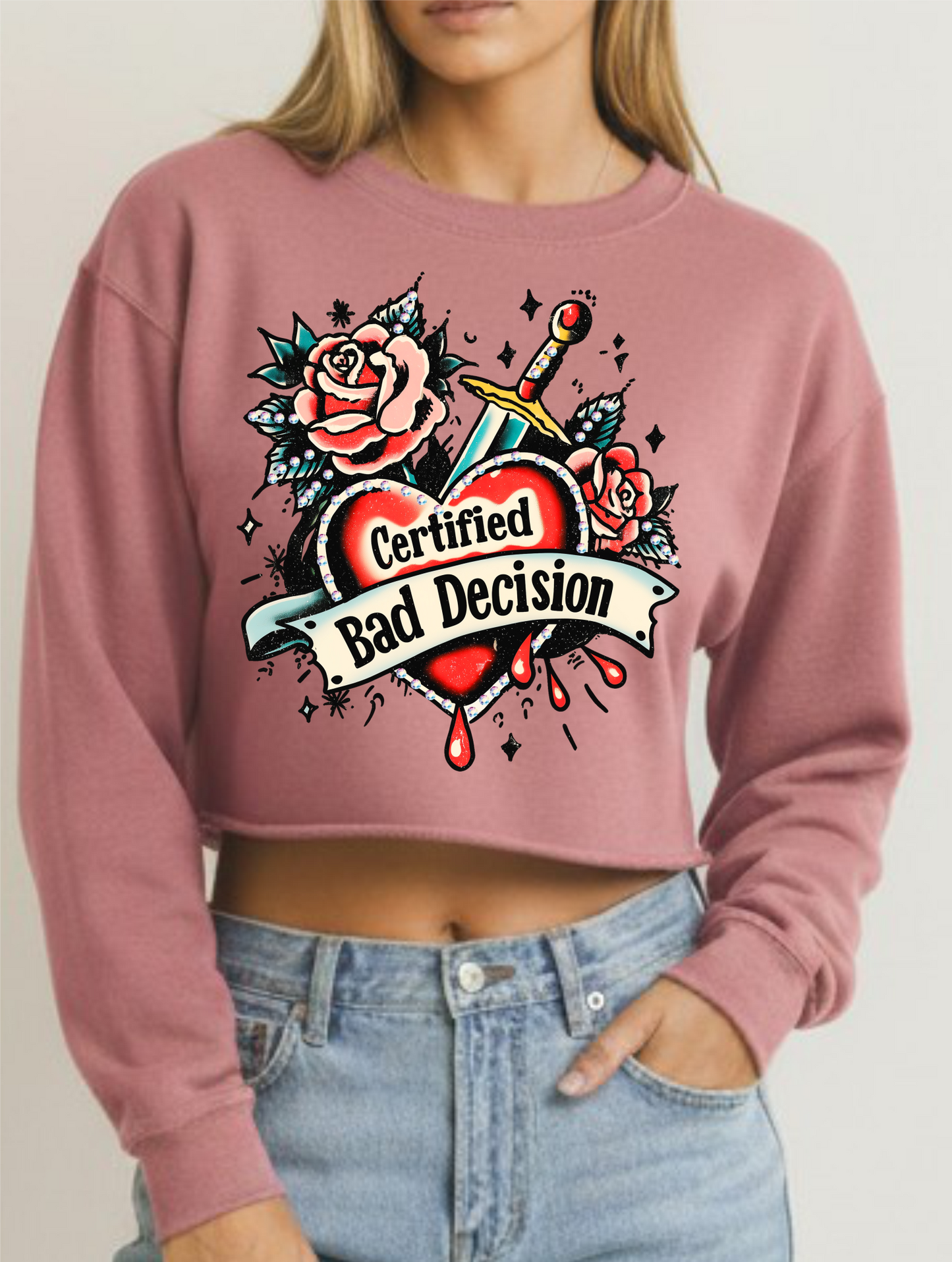 Certified Bad Decision Crystal Mauve Crop Crewneck