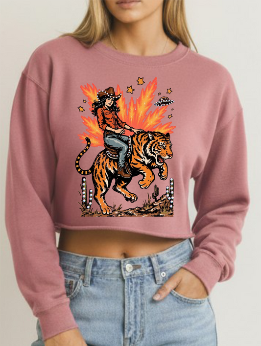 Leopard Cowgirl Crystal Mauve Crop Crewneck