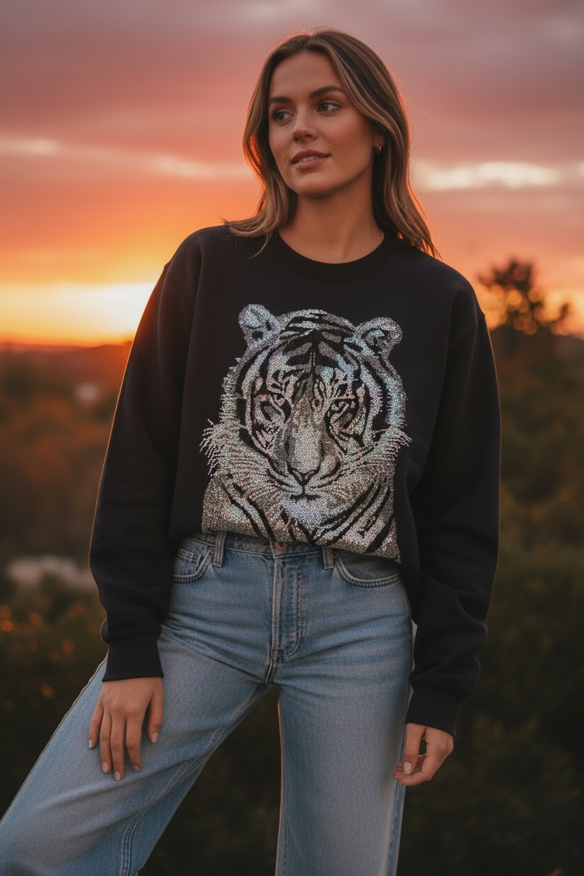 Tiger Silver Sequin Black Crewneck