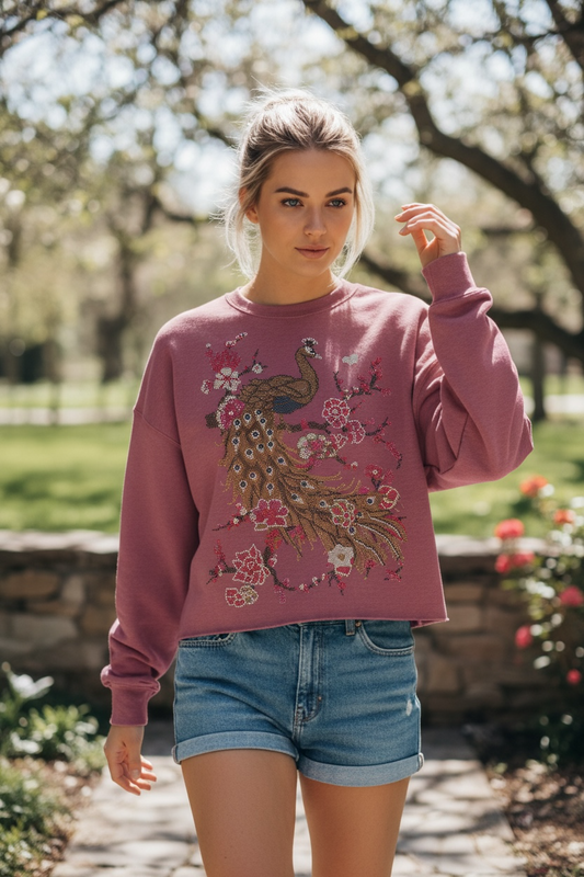 Rhinestone Pink Peacock Crewneck