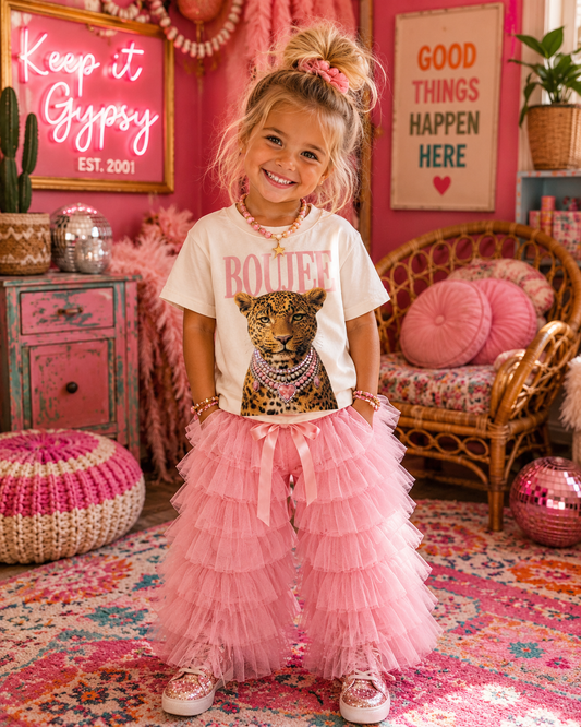 Boujee Pink Leopard Cream Kids Graphic Tee 207K