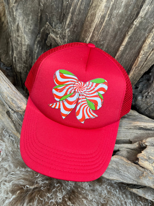 Christmas Trucker Hat Candy Cane Bow