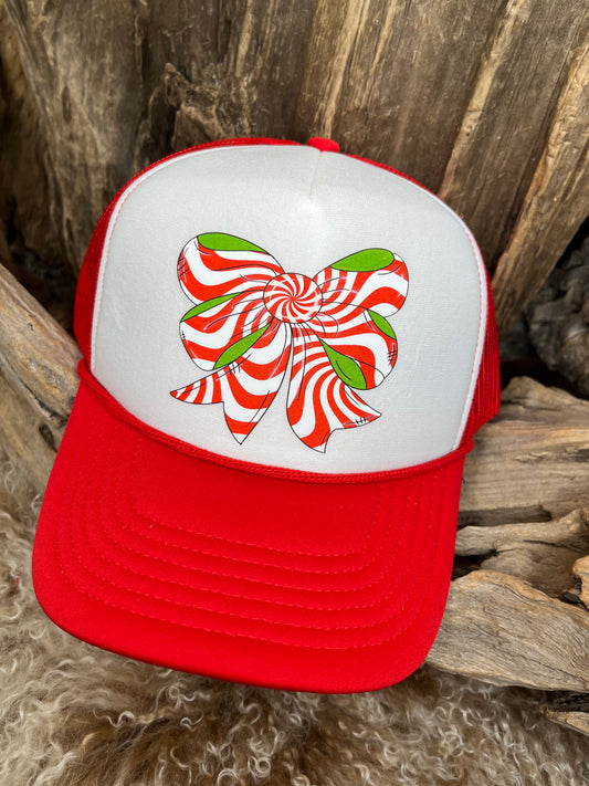 Christmas Trucker Hat Candy Cane Red and Green Bow