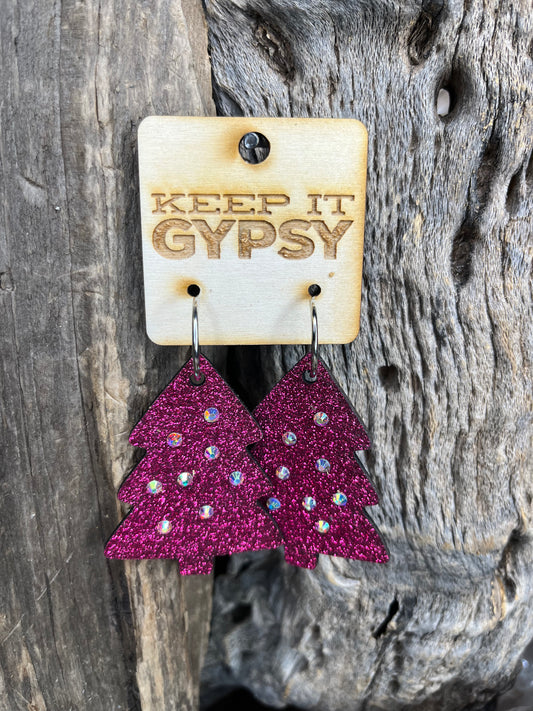 Christmas Hot Pink Glitter Tree Earring