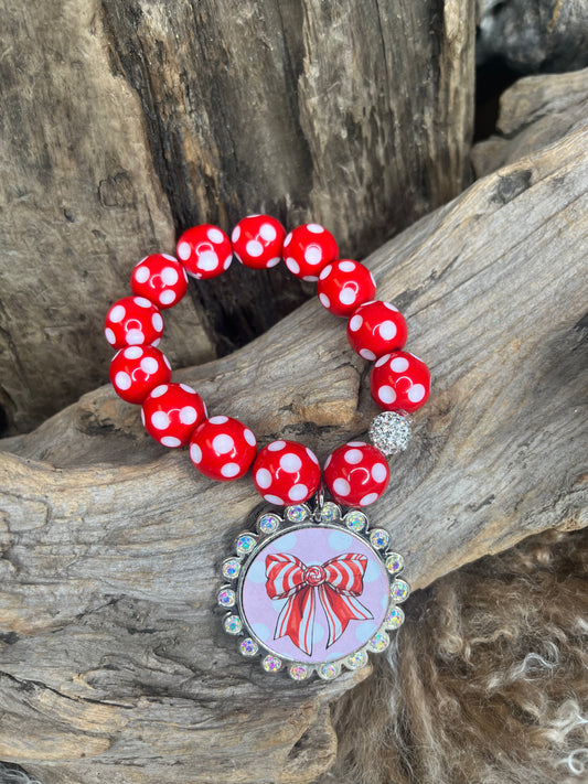 Christmas Stretch Bracelet Candy Cane Bow Red Polka Dot