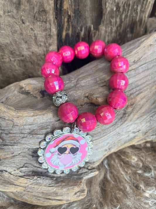 Christmas Stretch Bracelet Santa Blowing Bubble Hot Pink Disco