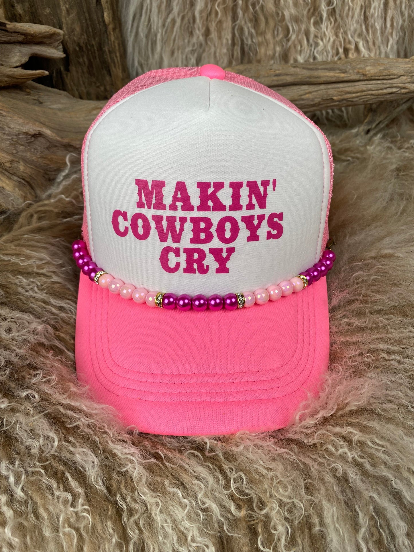 Trucker Ballcap with Beads 15NEONPNK Makin Cowboys Cry