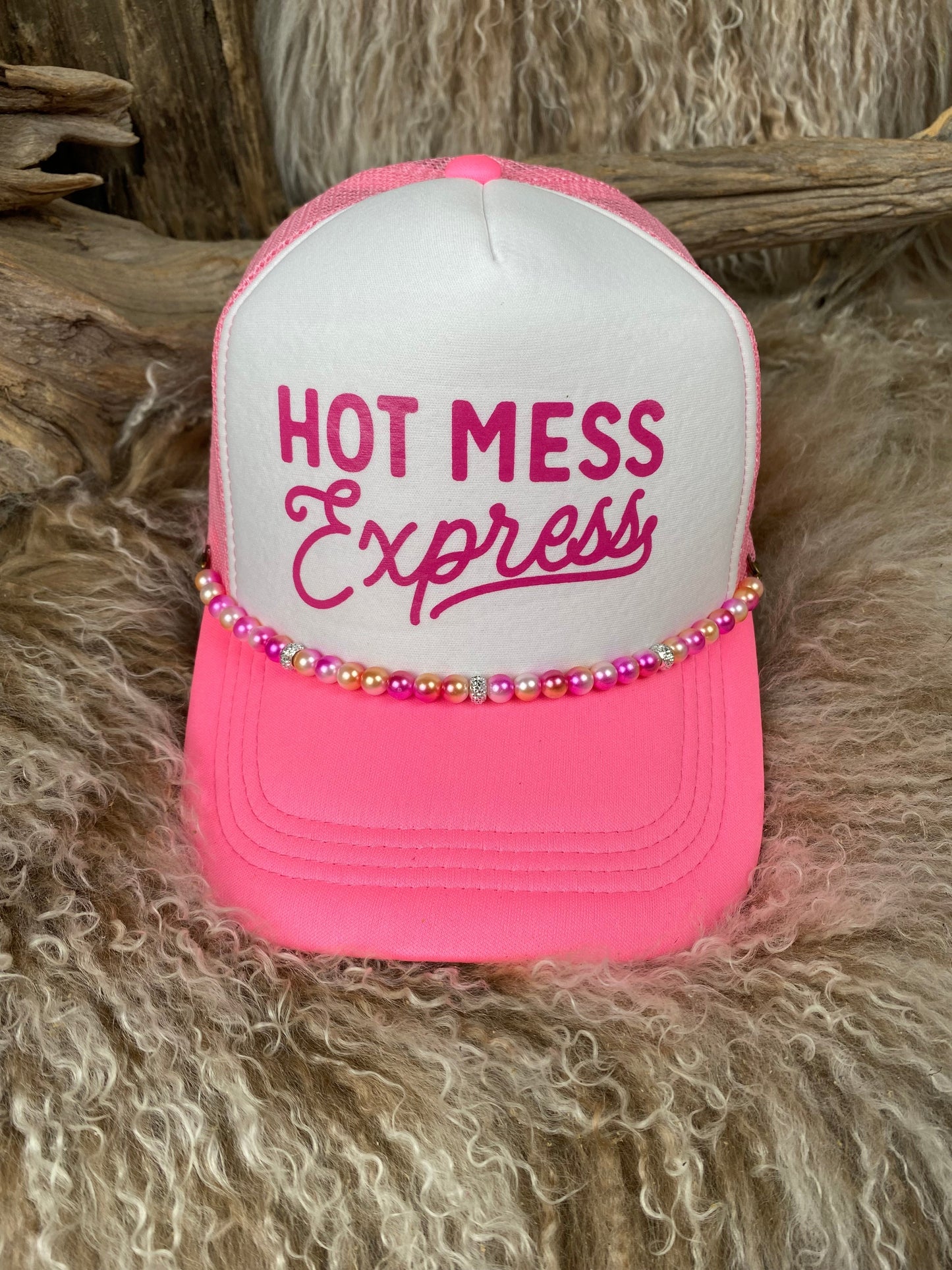 Trucker Ballcap with Beads 69NEONPNKWHT Hot Mess Express