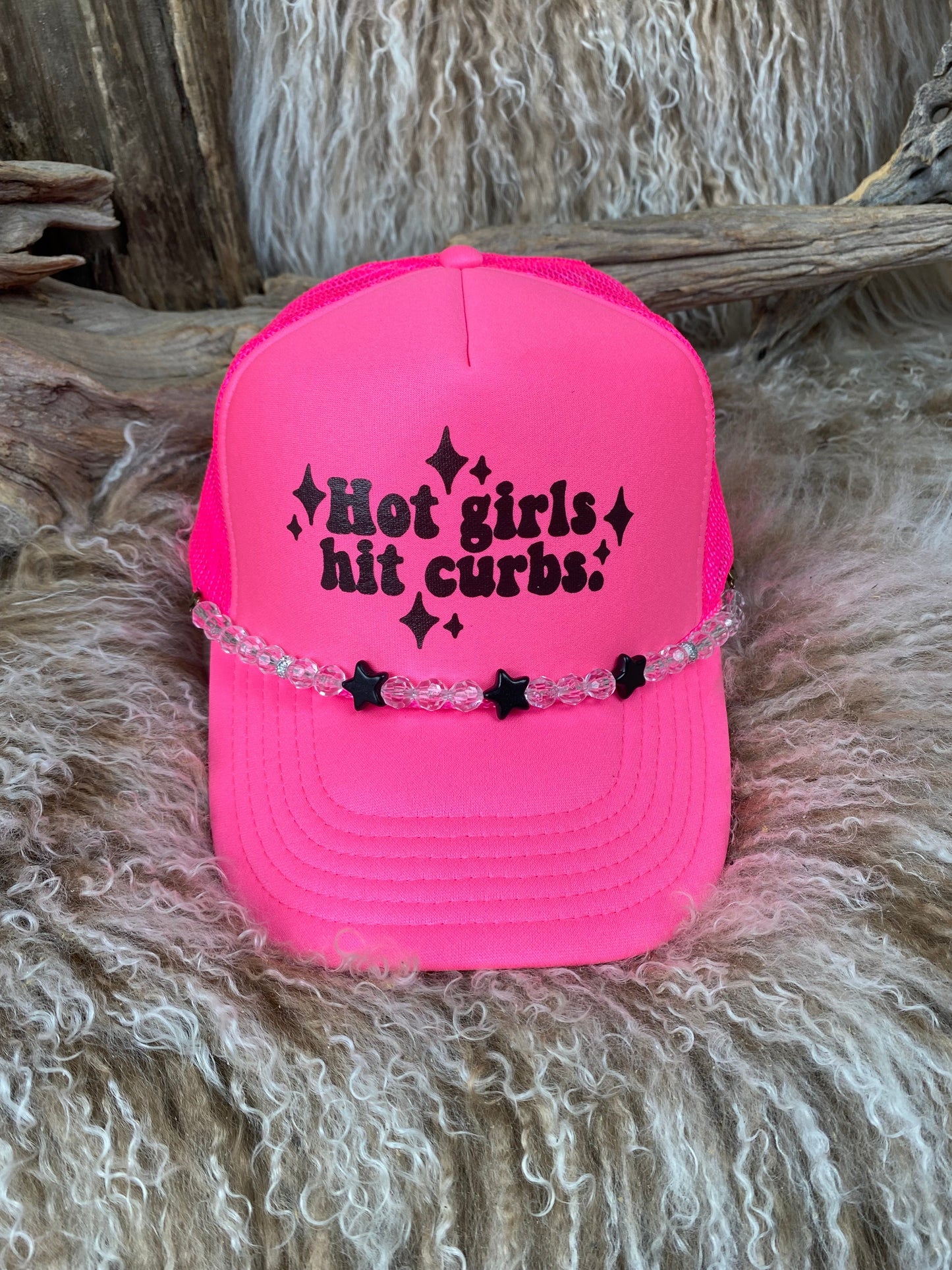 Trucker Ballcap with Beads 74NEONPNK Hot Girls Hit Curbs