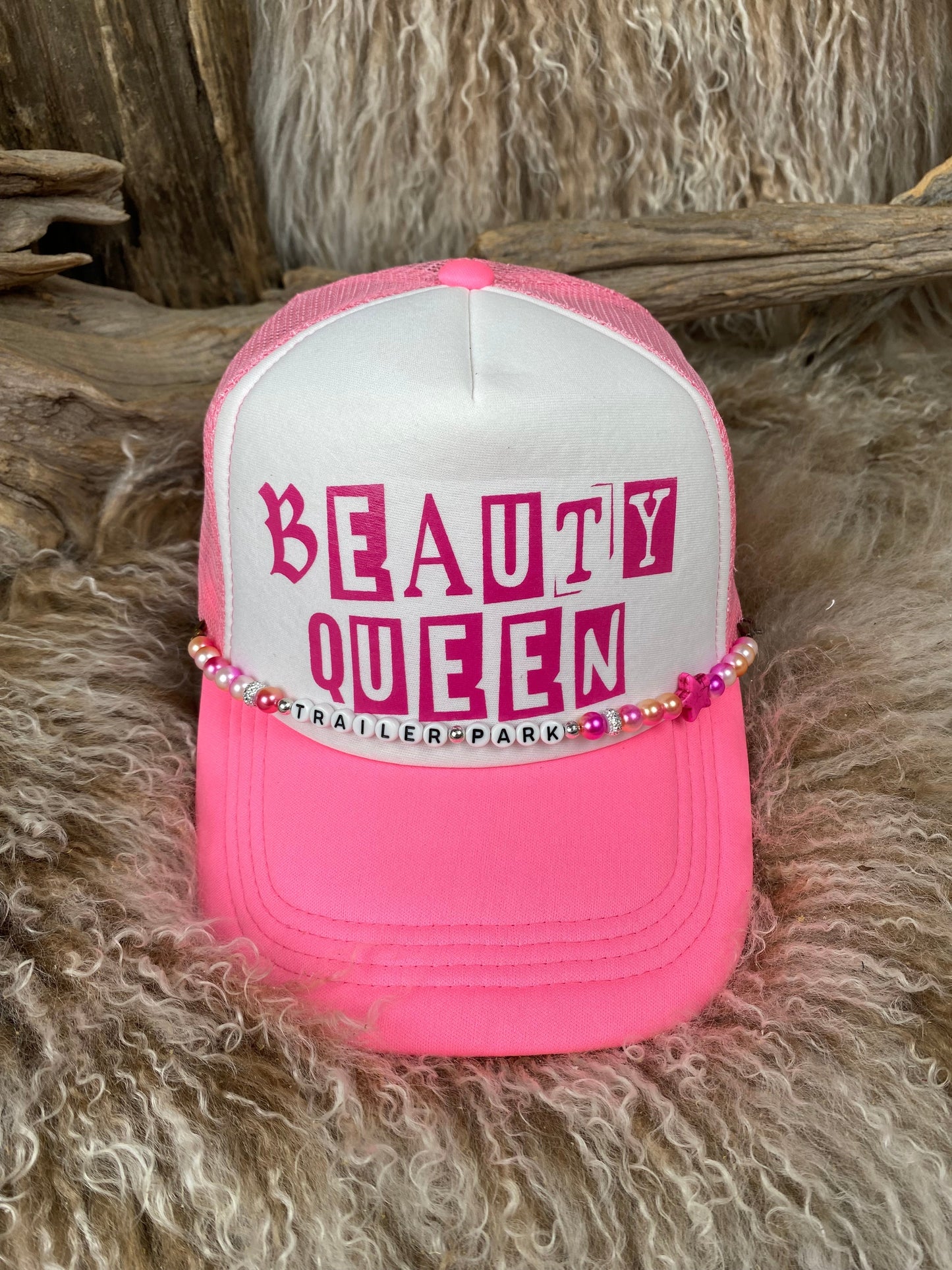 Trucker Ballcap with Beads 76NEONPINKWHT Beauty Queen