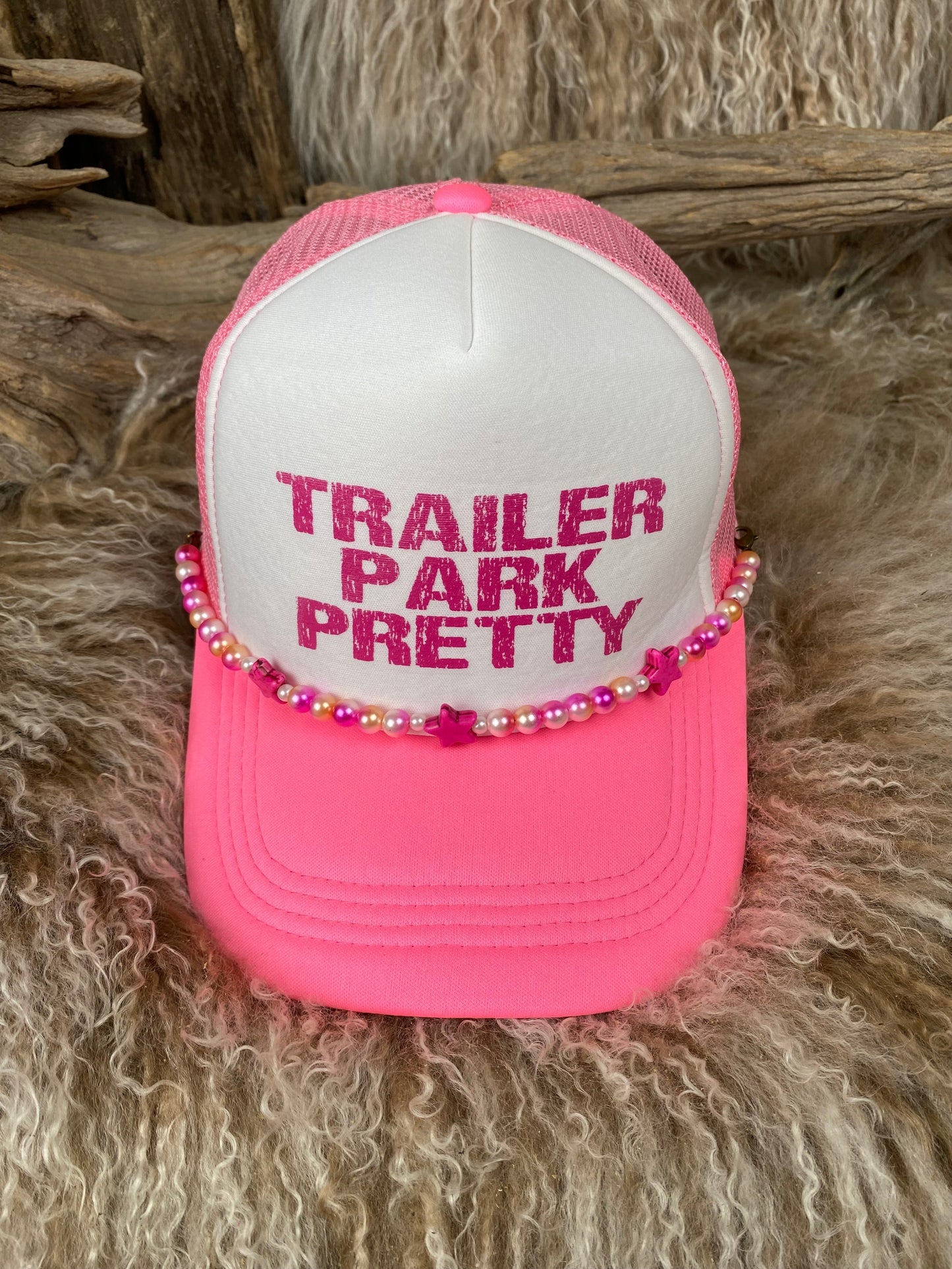 Trucker Ballcap with Beads 77NEONPNKWHT Trailer Park Pretty