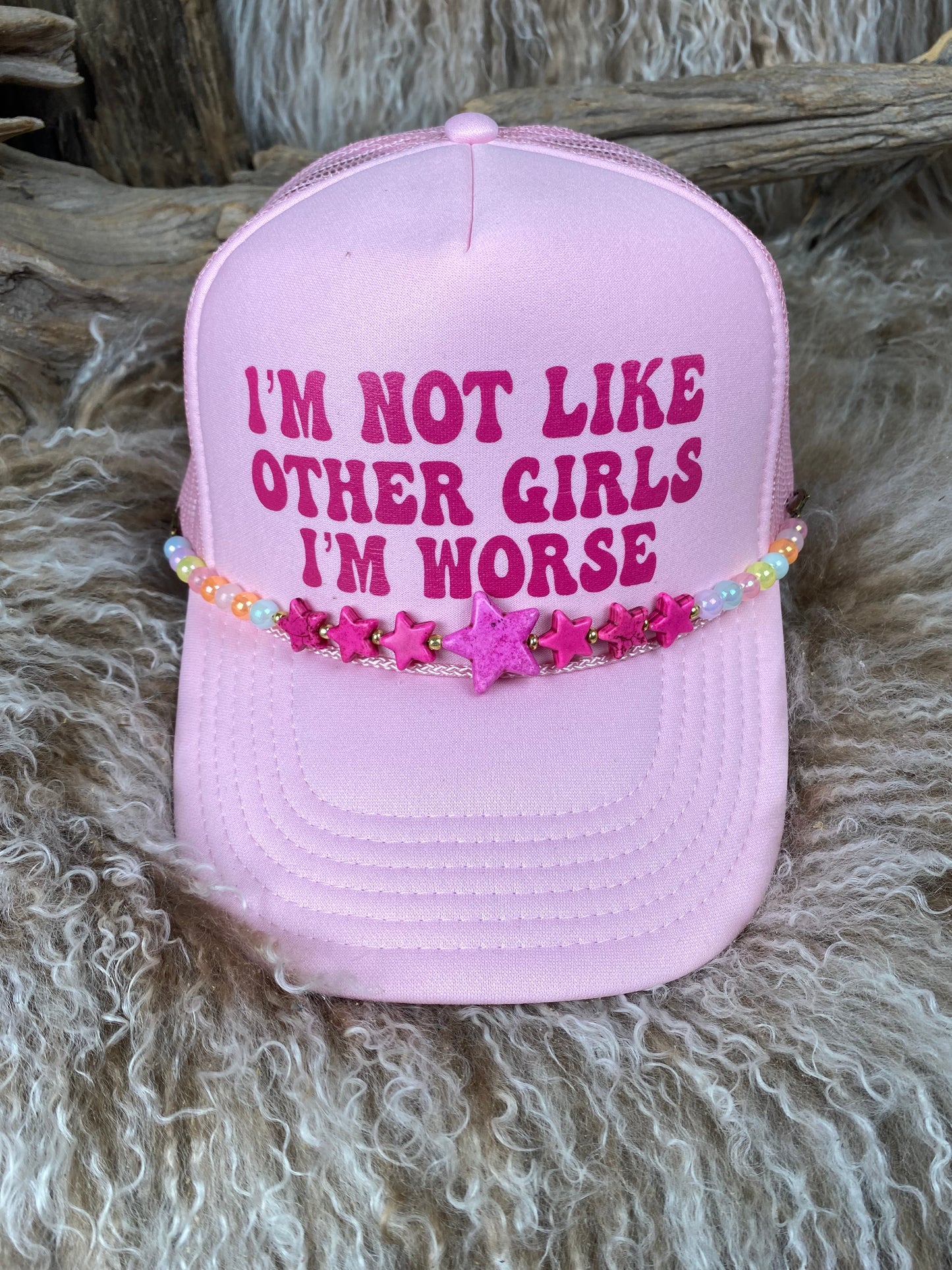 Trucker Ballcap with Beads 71LTPNK I'm Not Like Other Girls I'm Worse