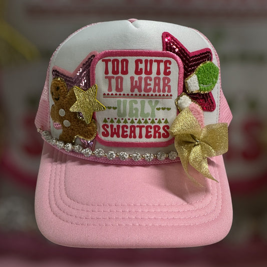 Too Cute to Wear Ugly Sweaters Pink Christmas Trucker Ballcap