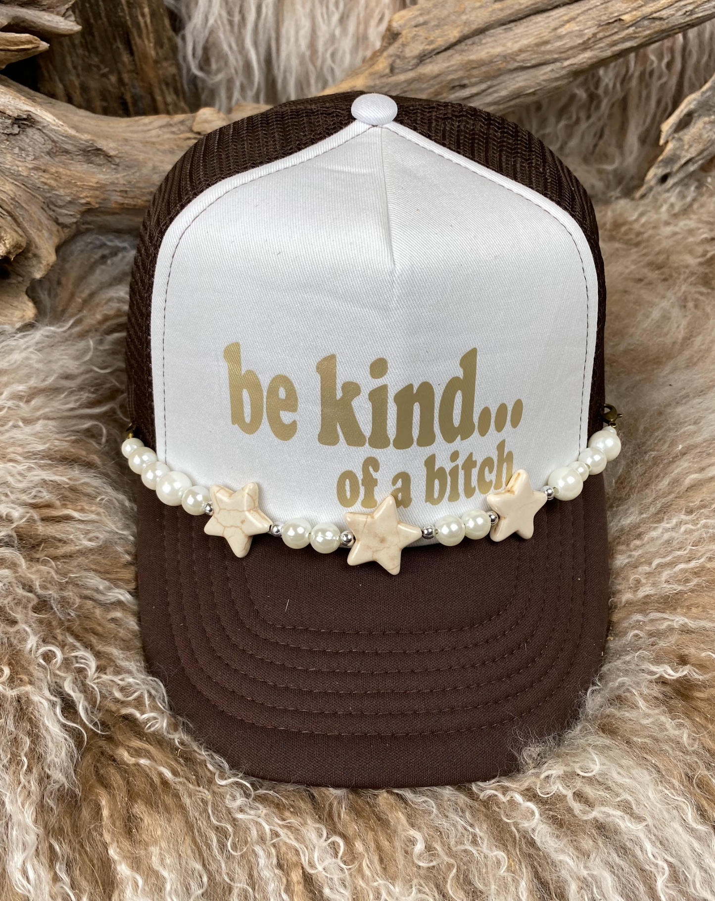 Trucker Ballcap with Beads 51BRWHT Be Kind of a Bitch