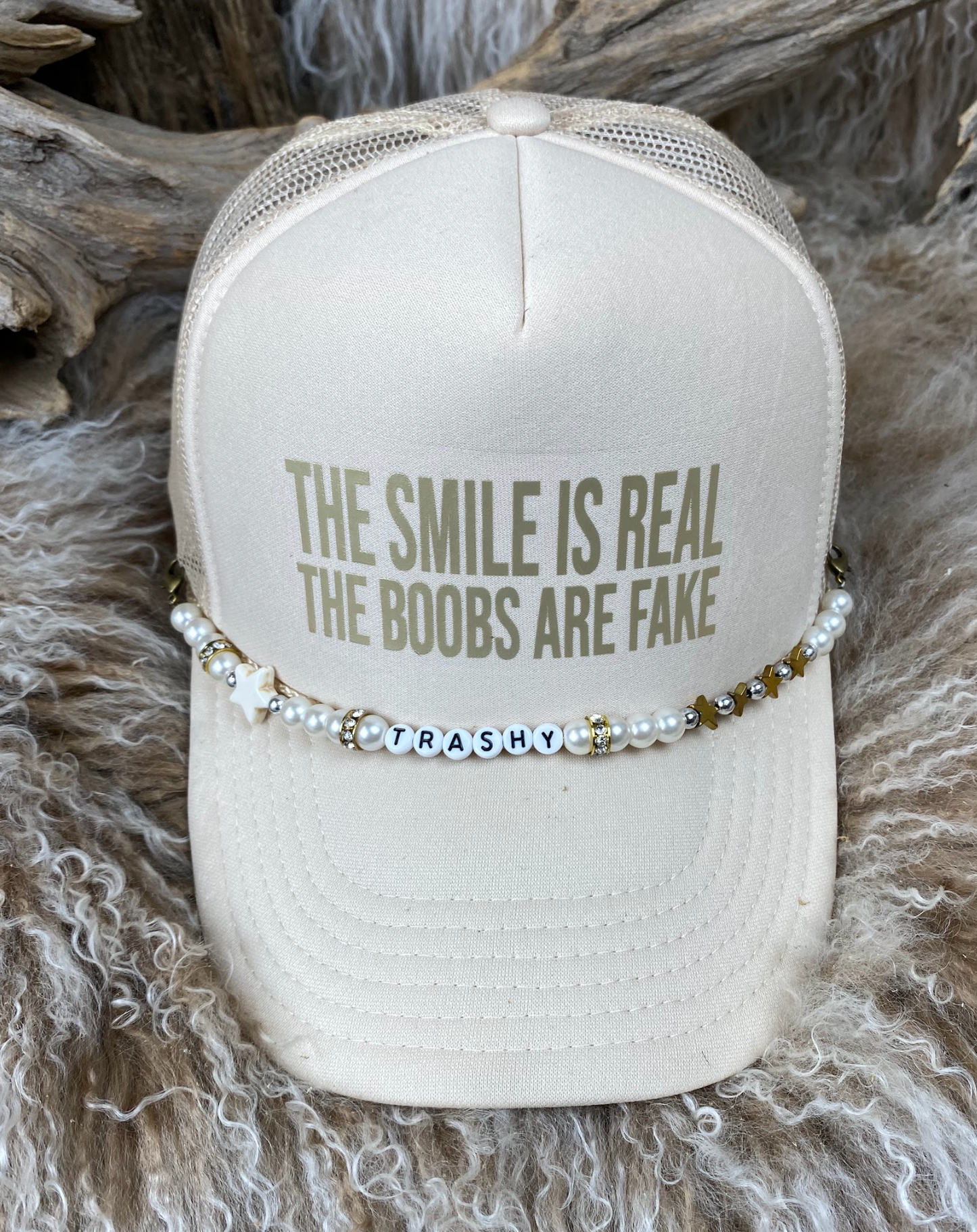 Trucker Ballcap with Beads 11Tan The Smile is Real the Boobs are Fake