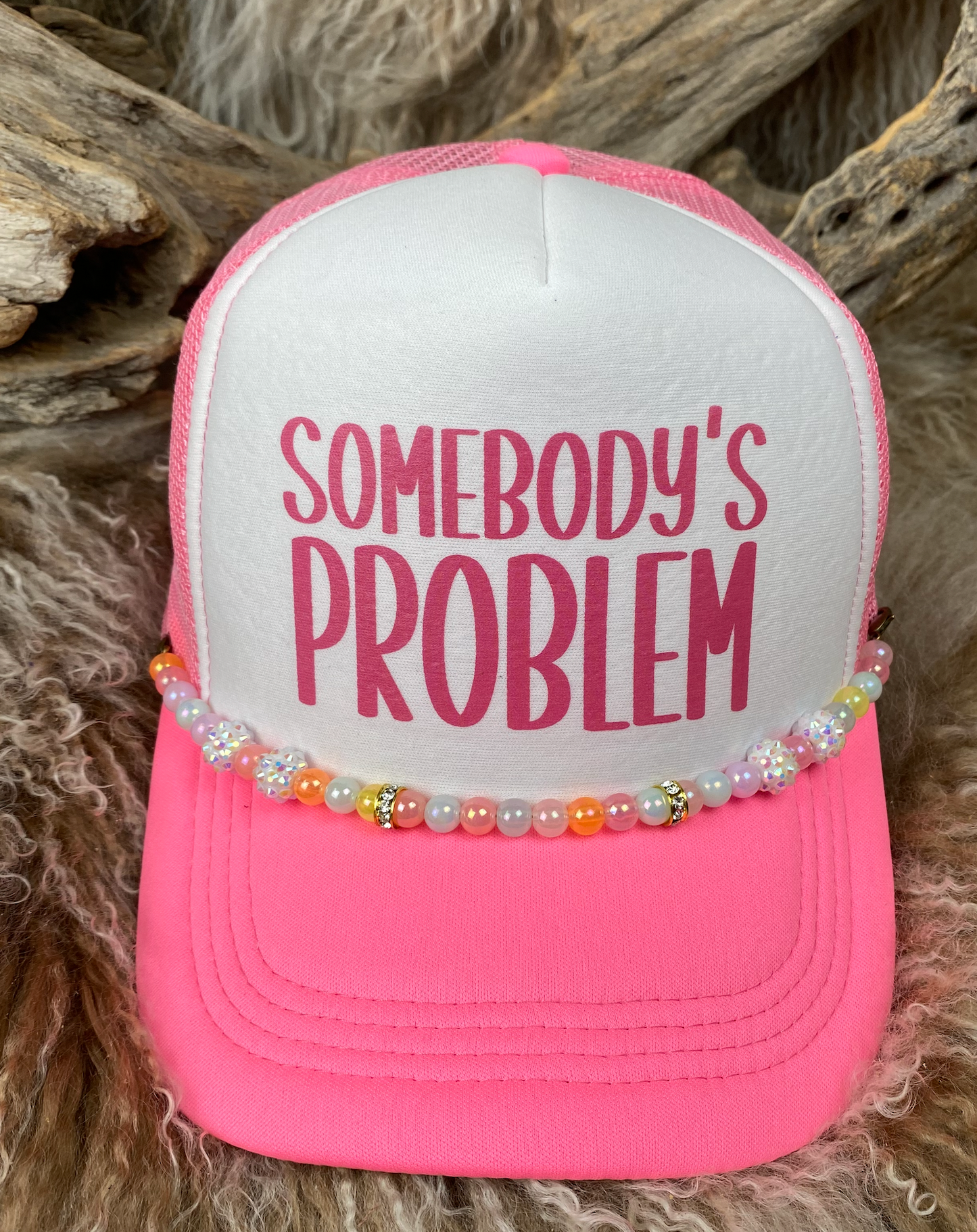 Trucker Ballcap with Beads 13NEONPNKWHT Somebody's Problem