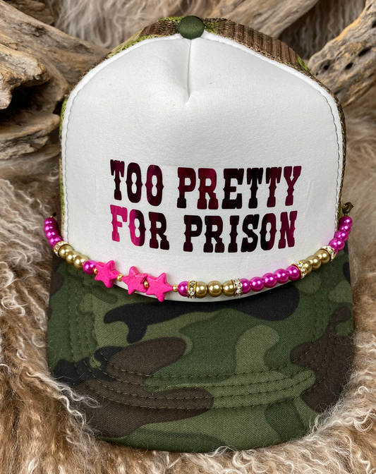 Trucker Ballcap with Beads 46CAMOWHT Too Pretty for Prison