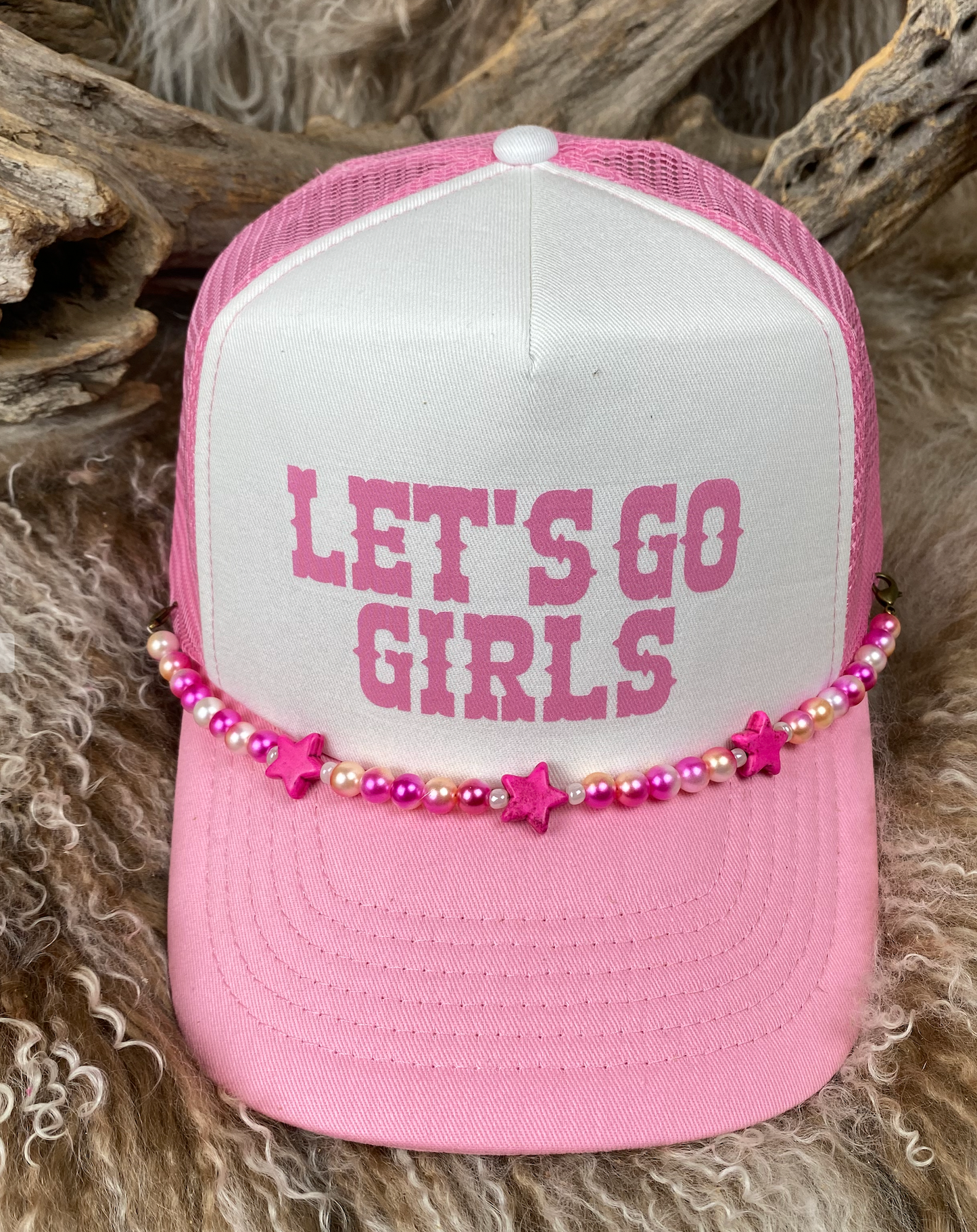 Trucker Ballcap with Beads 5LTPNKWHT Let' Go Girls