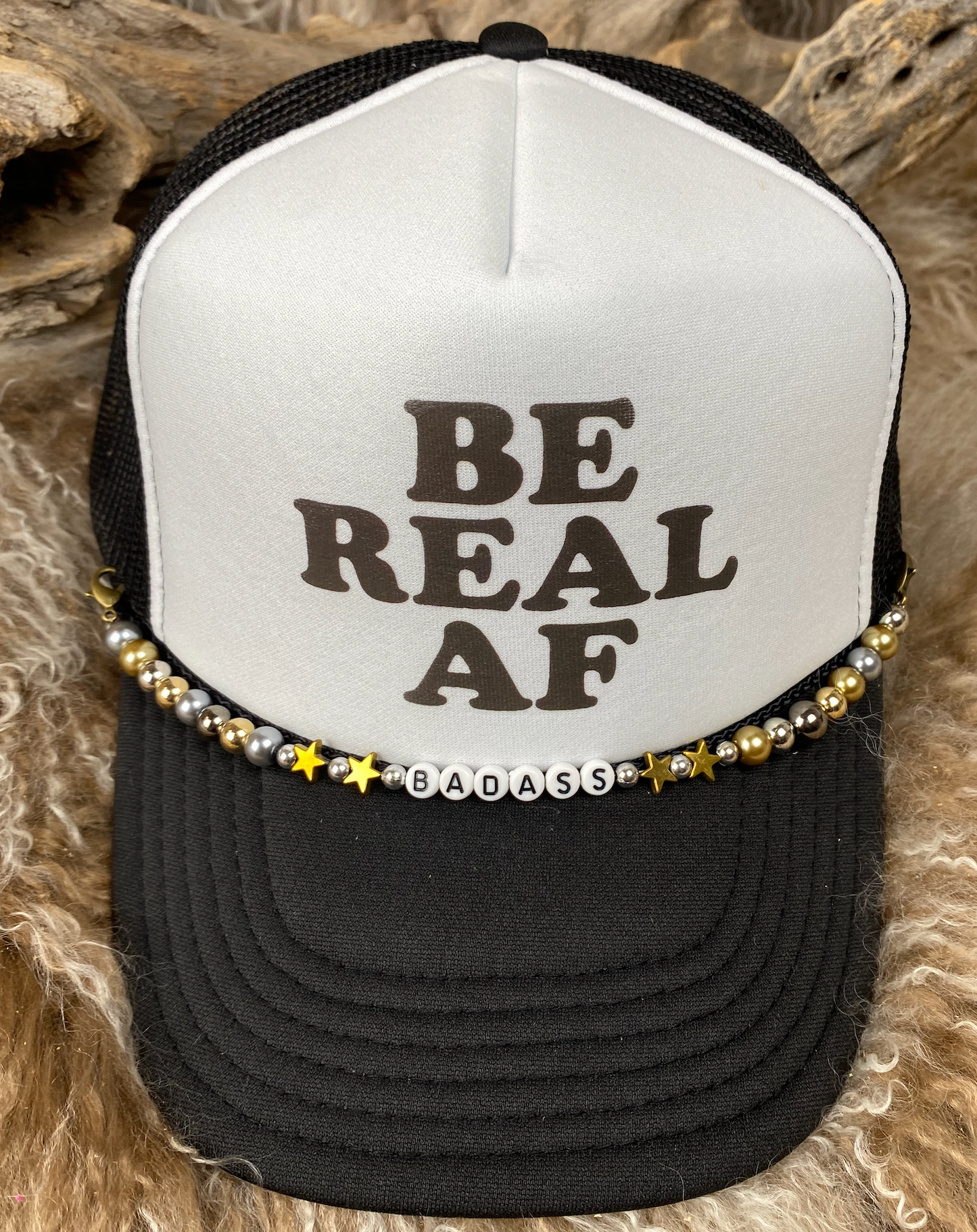 Trucker Ballcap with Beads 40BLKWHT Be Real AF