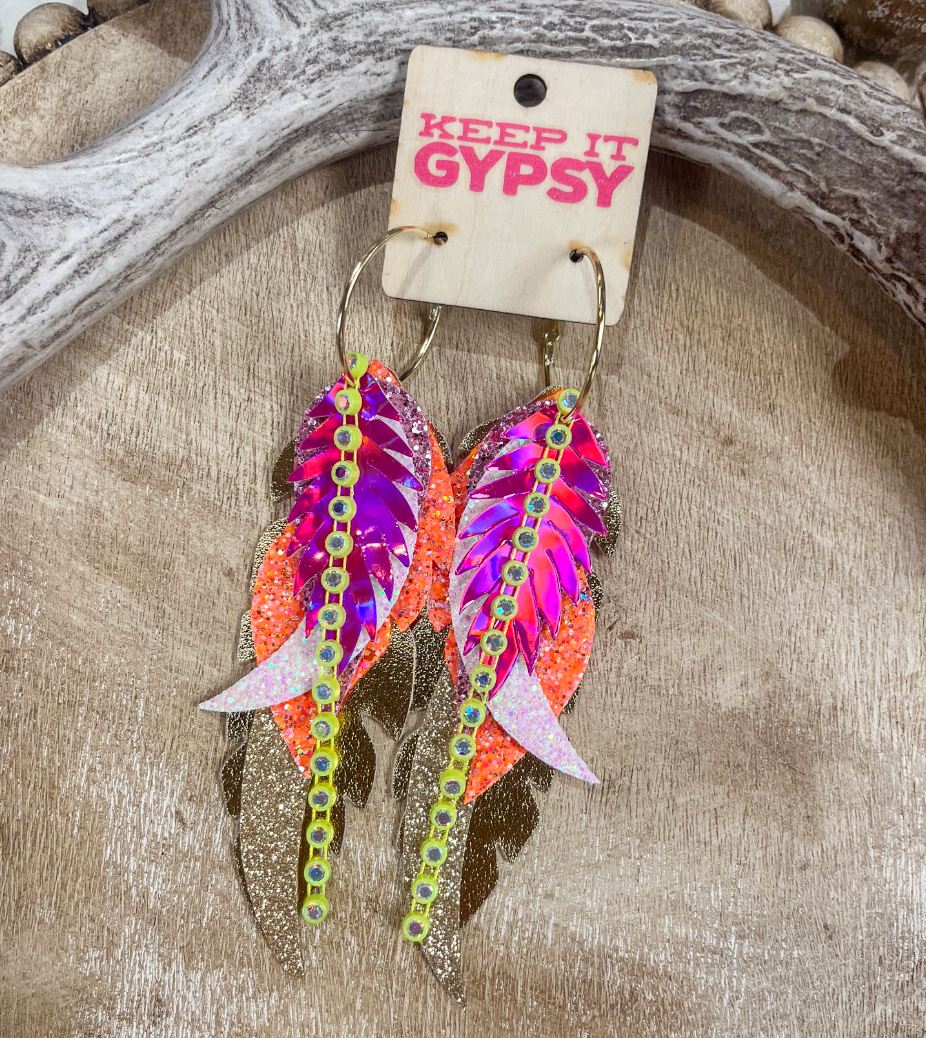 Pink & Orange Feather Earrings