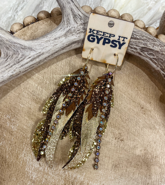 Gold & Brown Chain Feather Earrings