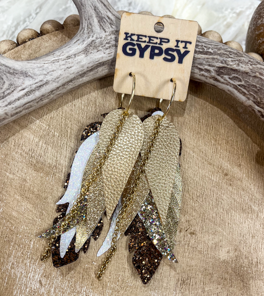 Gold & Gold Chain Feather Earrings
