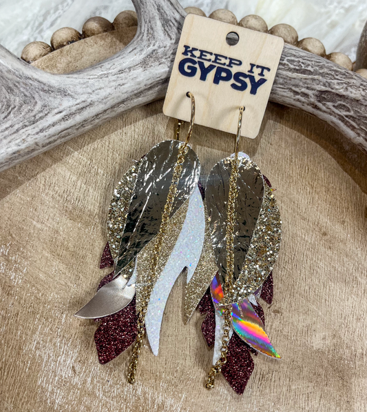 Brown & Gold Chain Feather Earrings