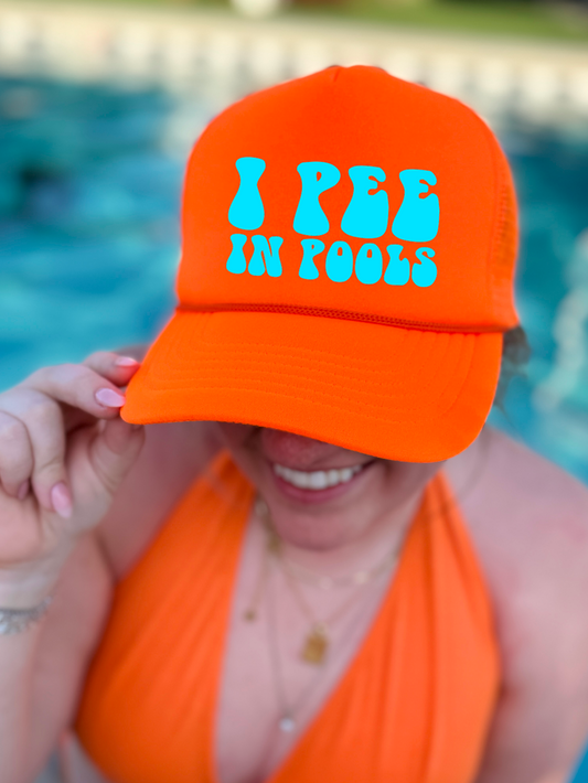 I Pee In Pools Neon Orange Trucker Hat