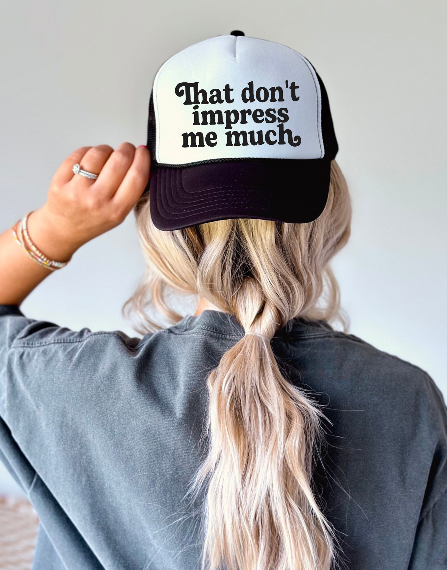 That Don't Impress Me Much TRUCKER CAP BLKWHT