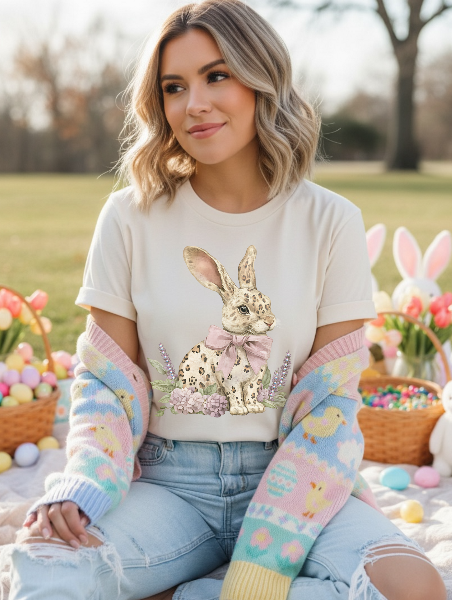 Bunny with Leopard Spots and Bow Cream Graphic Tee